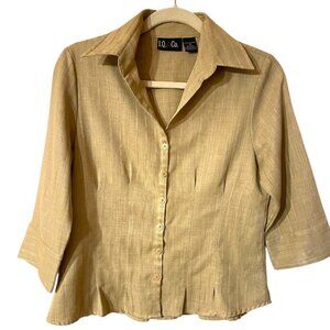 I.Q. & Co. Womens Tan/Gold Button-Up Collared Shirt With 3/4 Sleeves Size Medium